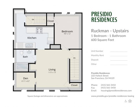 Floor plan for 1 bed, 1 bath, 600 sqft